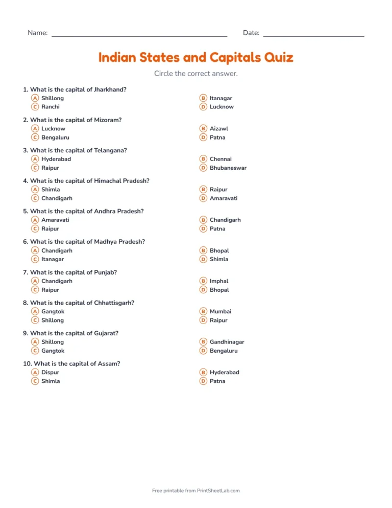Indian states and capitals quiz: printable multiple-choice quiz sheet with 12 questions