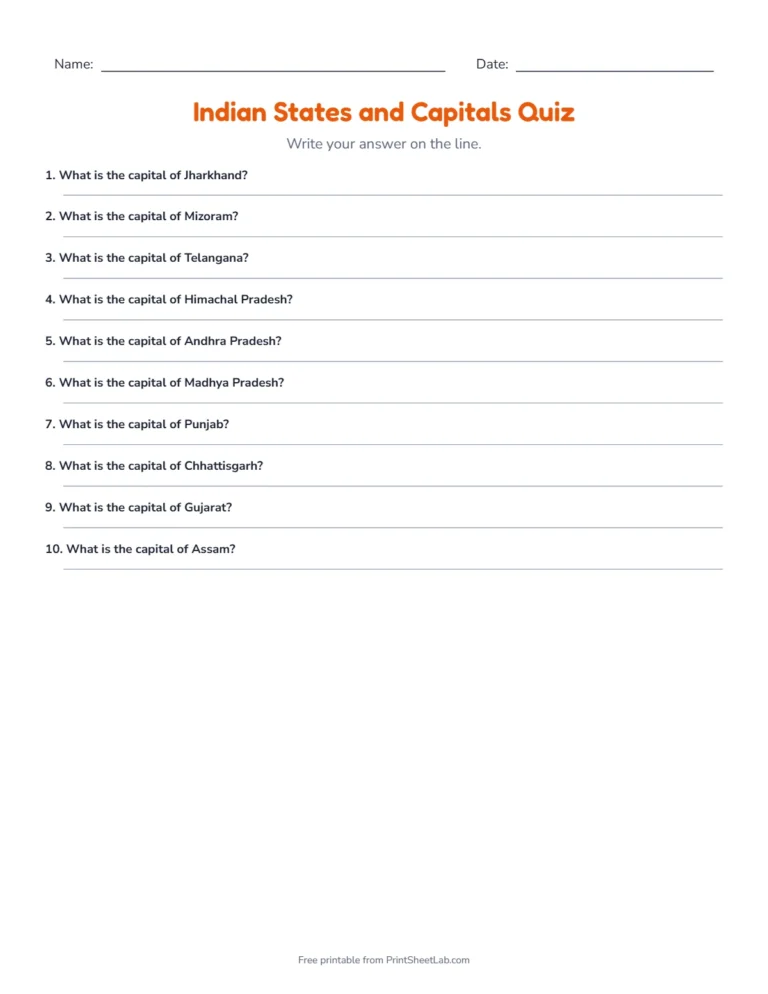 Indian states and capitals quiz write-in sheet with lines for the answers