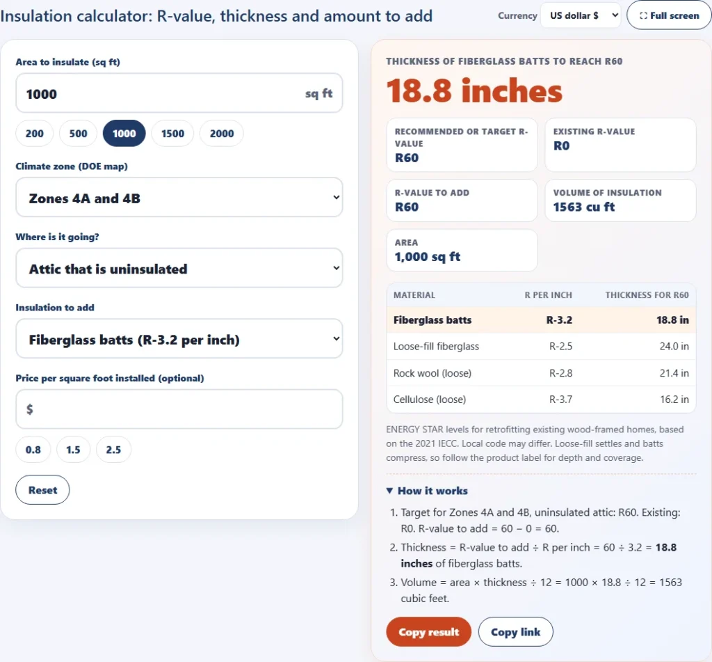 Insulation calculator for a 1,000 square foot uninsulated attic in Zones 4A and 4B, R60 target, 18.8 inches of fiberglass batts and a thickness table by material