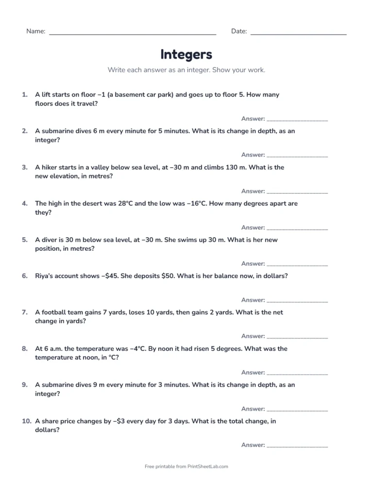 Integer word problems worksheet about temperature, sea level and money