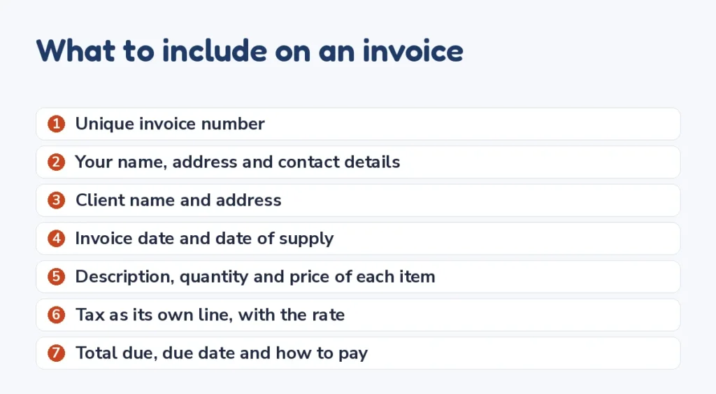 Checklist of what to include on an invoice: number, your details, client details, dates, items, tax, total and payment terms