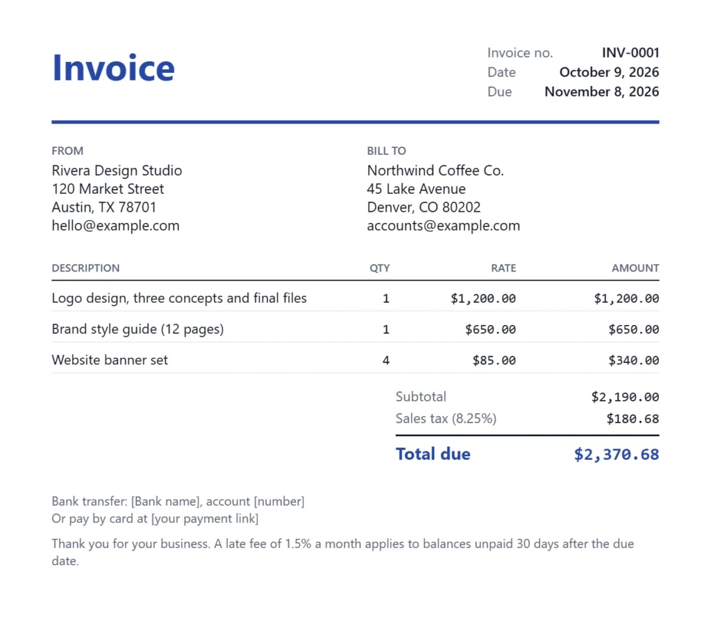 Sample invoice made with the free invoice generator: logo design and brand guide lines, 8.25% sales tax, total due $2,370.68