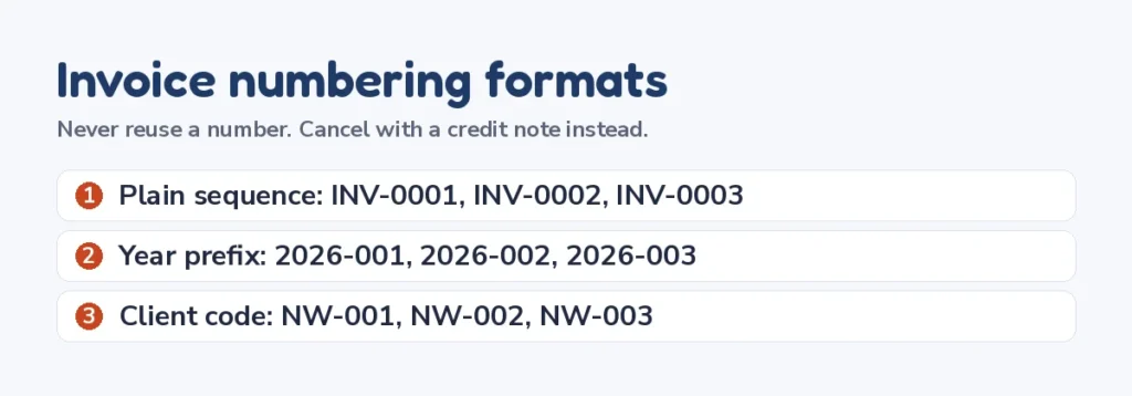 Three invoice numbering formats for a free invoice generator: plain sequence, year prefix and client code