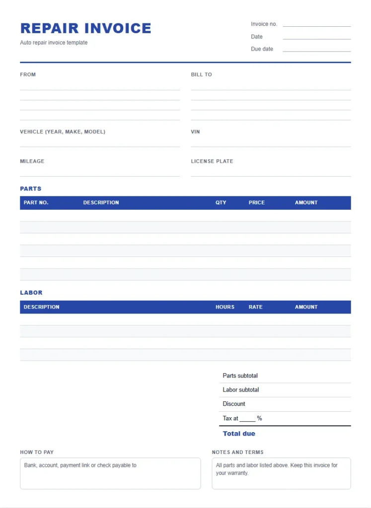 Auto repair invoice template with vehicle, VIN and mileage, parts and labor tables