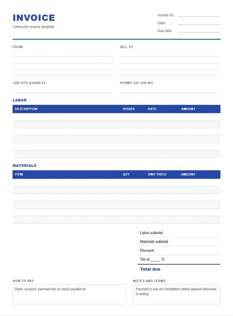 Contractor invoice template with separate labor and materials tables and a job site address