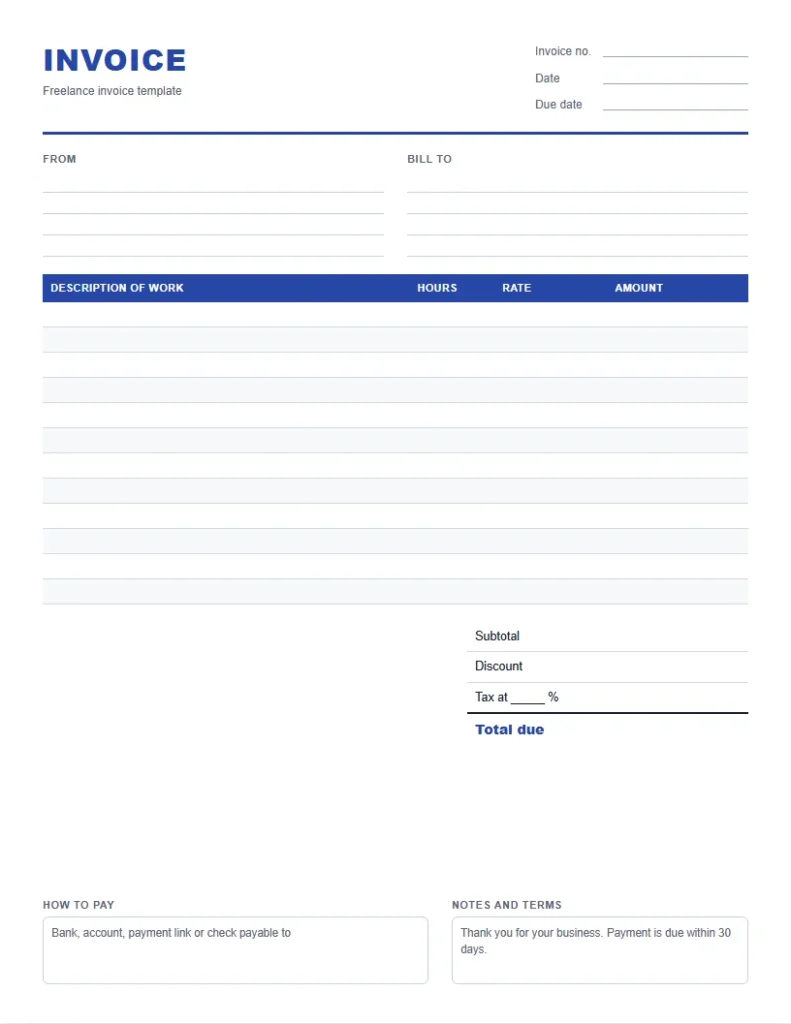 Freelance invoice template, a blank printable invoice with description, hours, rate and amount columns