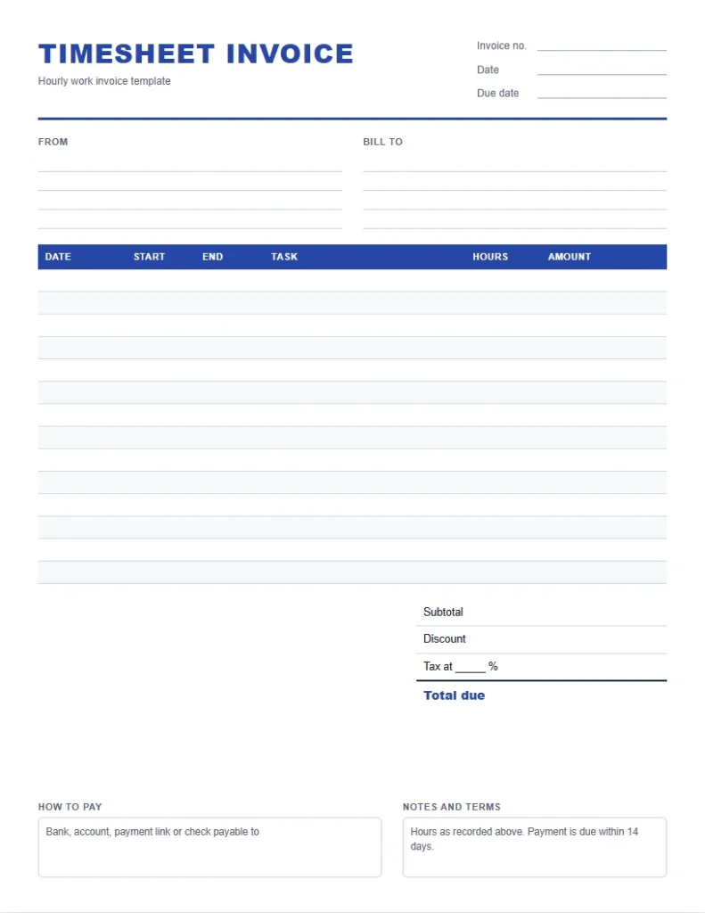 Hourly timesheet invoice template with date, start, end, task and hours columns