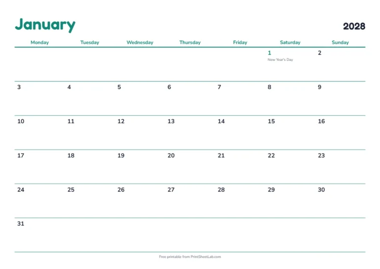 Irish public holidays 2028 printable calendar with 12 months