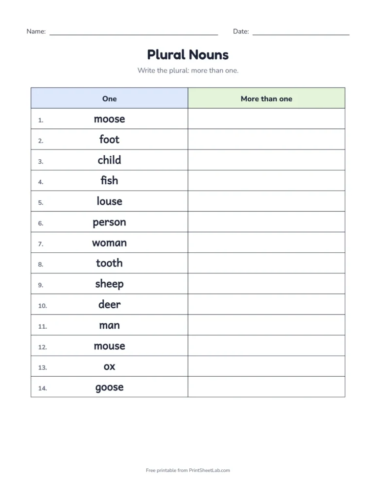 Irregular plural nouns worksheet: child, mouse, foot, tooth and sheep
