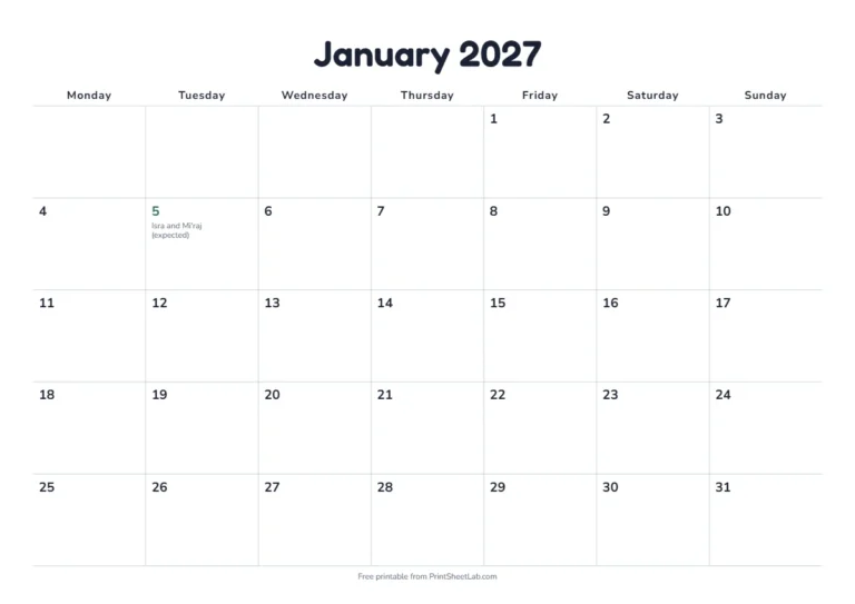 Islamic calendar 2027 printable with 12 months