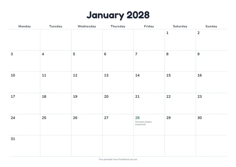 Islamic calendar 2028 printable with 12 months