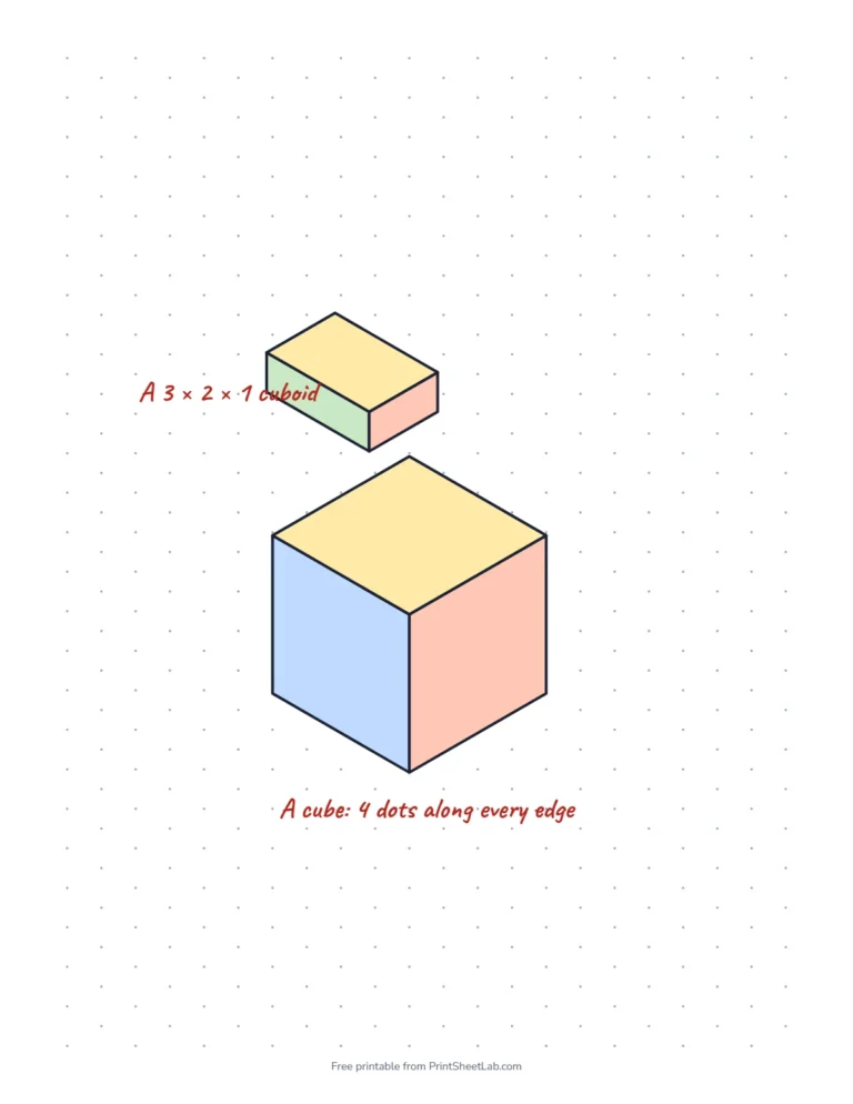 Isometric dot paper example with a 4 by 4 by 4 cube and a 3 by 2 by 1 cuboid drawn