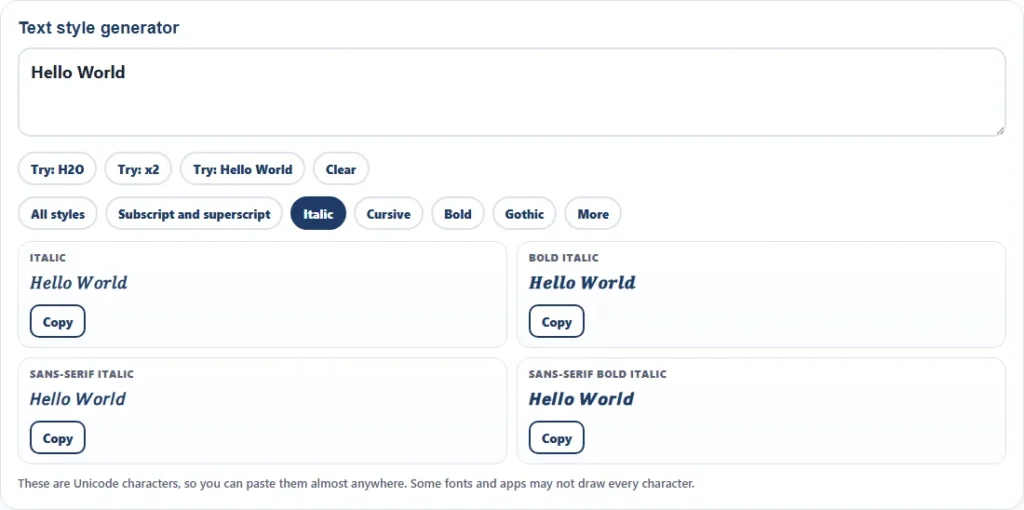 Italic font generator showing Hello World in sans-serif italic and sans-serif bold italic Unicode characters with copy buttons