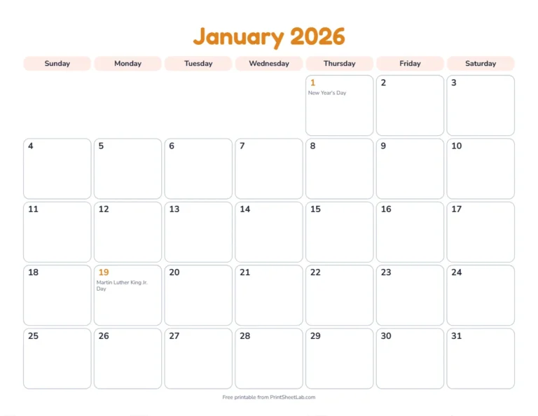January 2026 calendar printable with large day boxes and US holidays