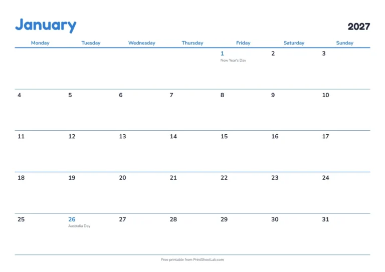 January 2027 calendar for Australia with public holidays