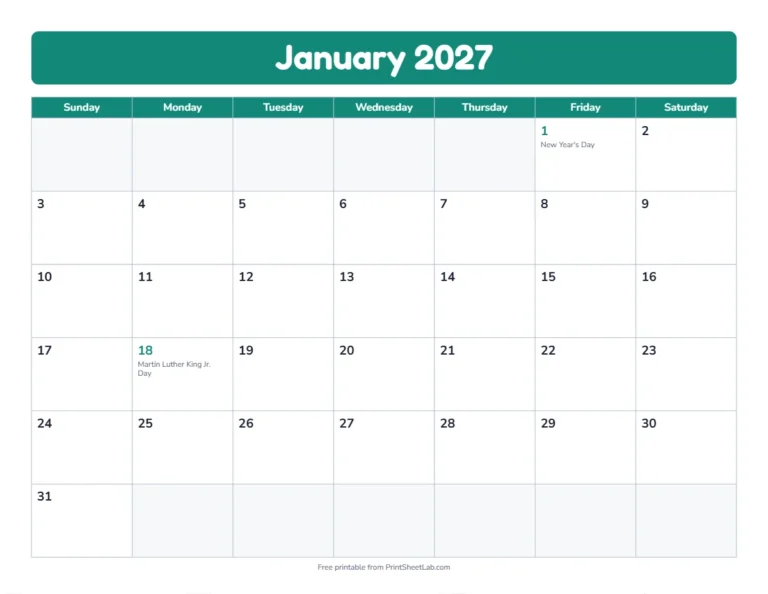January 2027 calendar in the bold band design with big day boxes