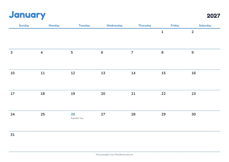January 2027 calendar for India with Republic Day