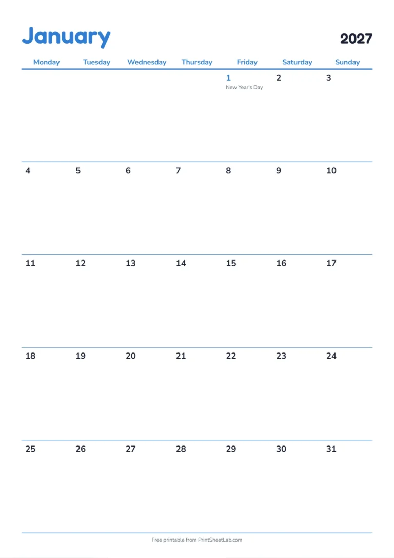 January 2027 calendar with holidays: Monday start on A4 with UK bank holidays
