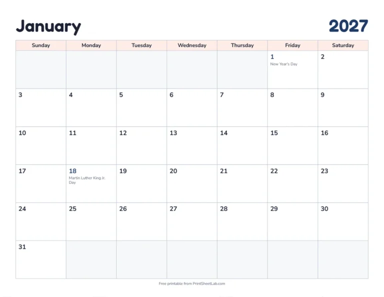 January 2027 calendar printable with US holidays in the classic design