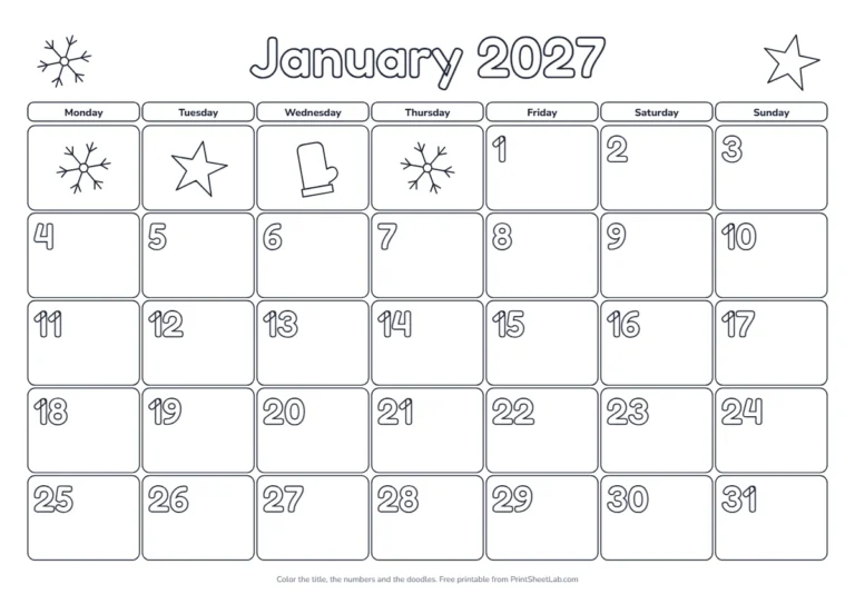 January 2027 coloring calendar for kids with snowflakes and mittens