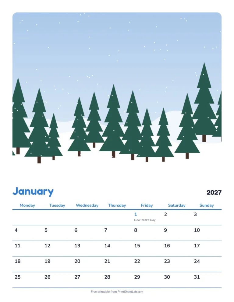 January 2027 photo calendar printable with a rounded snowy pines picture