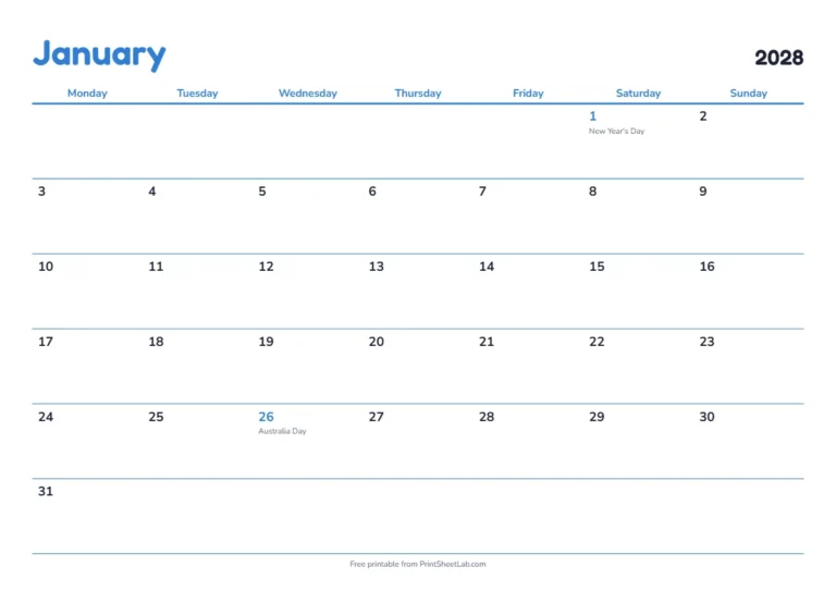 January 2028 calendar for Australia with public holidays