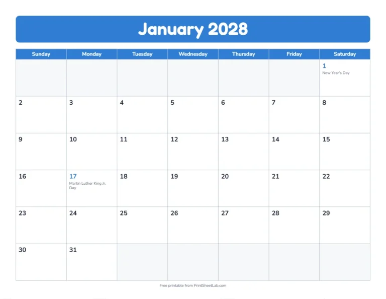 January 2028 calendar in the bold band design with big day boxes