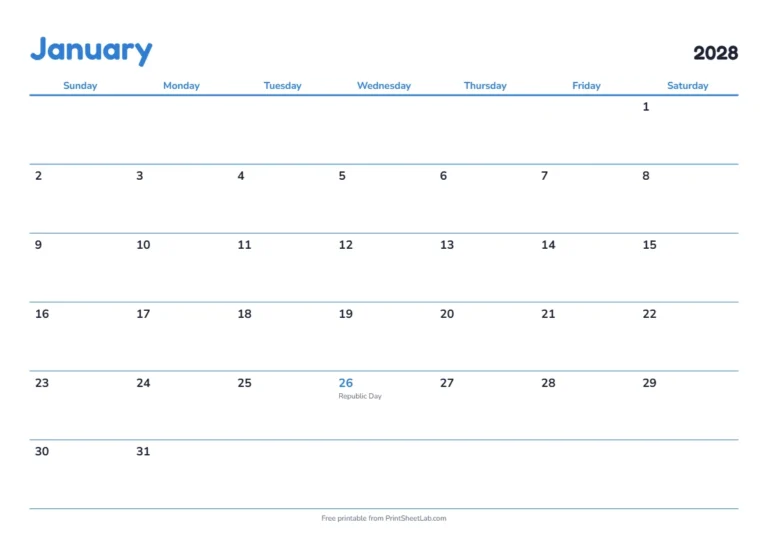 January 2028 calendar for India with Republic Day