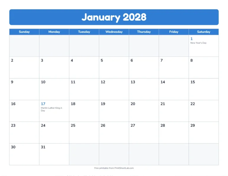 January 2028 calendar with New Year's Day and Martin Luther King Jr. Day marked, one of the US federal holidays 2028
