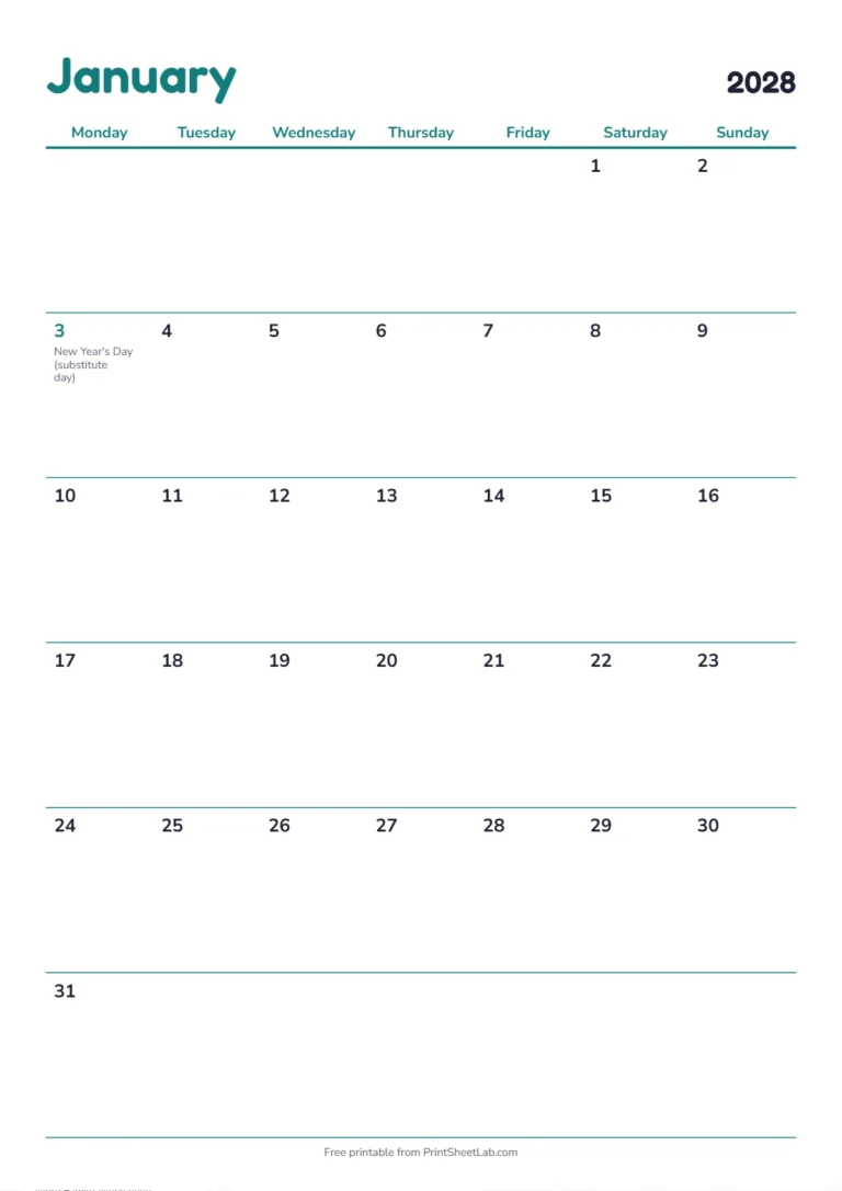 January 2028 calendar with holidays: Monday start on A4 with UK bank holidays
