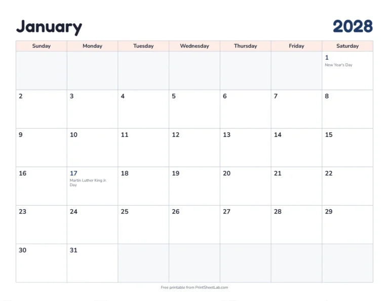 January 2028 calendar printable with US holidays in the classic design