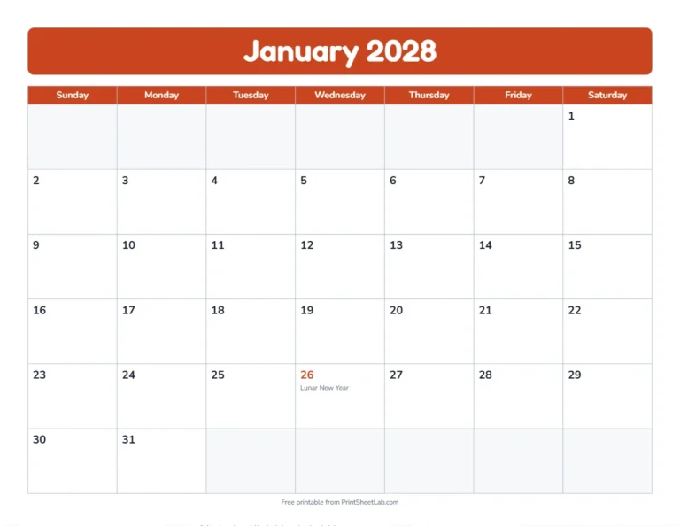 January 2028 calendar with Chinese New Year 2028 marked