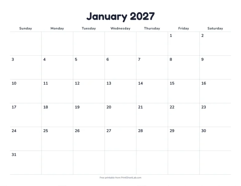 Jewish holidays 2027 printable calendar with 12 months