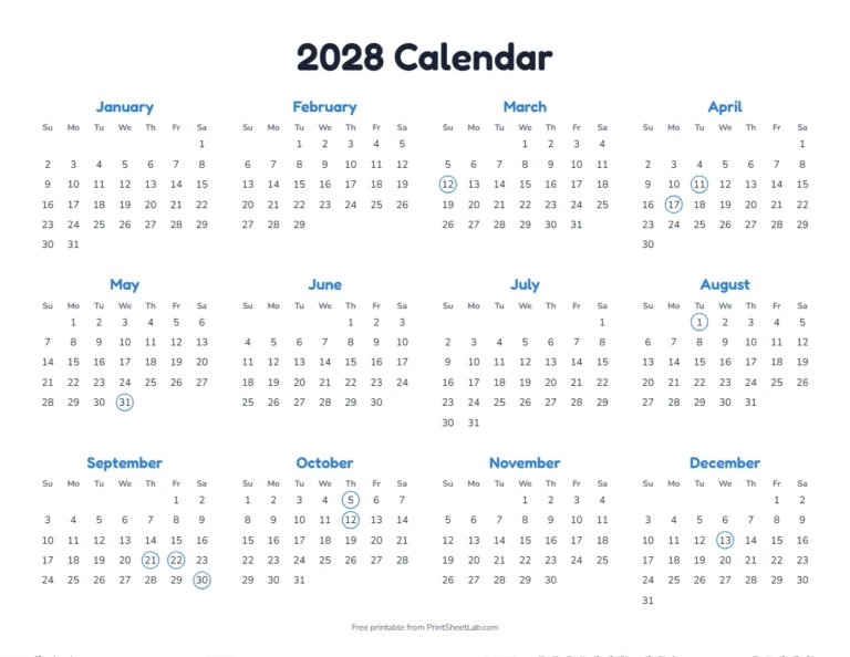 Festival calendar 2028 with the Jewish holidays marked