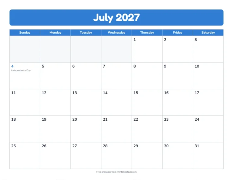 July 2027 calendar in the bold band design with big day boxes
