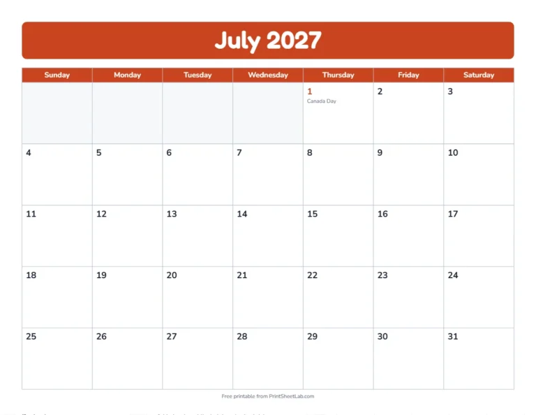July 2027 calendar for Canada with Canada Day marked