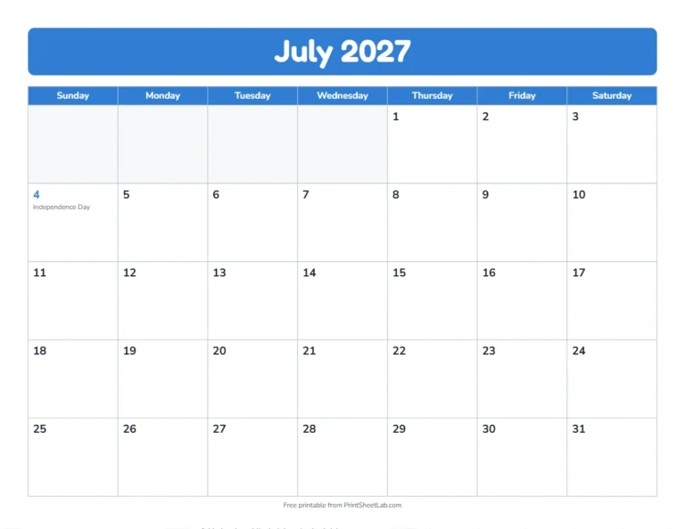 July 2027 calendar with Independence Day marked, one of the US federal holidays 2027