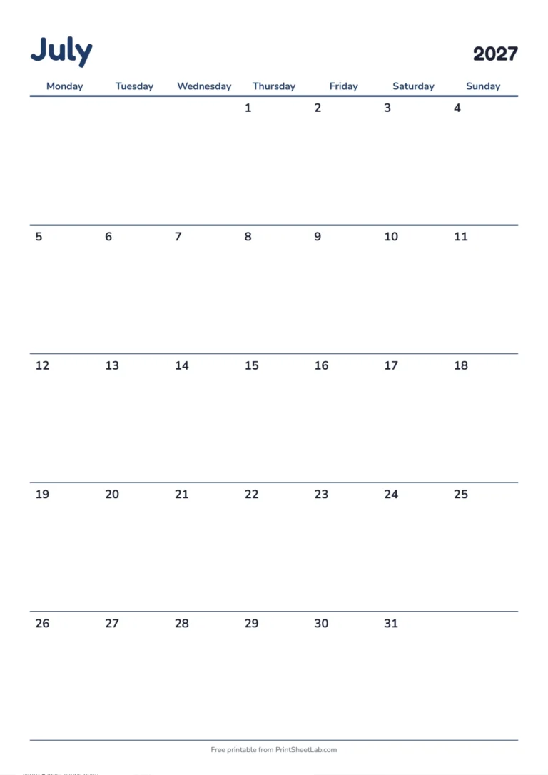 July 2027 calendar with holidays: Monday start on A4 with UK bank holidays