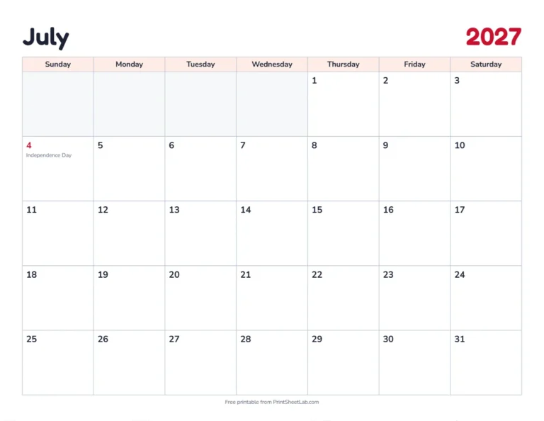 July 2027 calendar printable with US holidays in the classic design