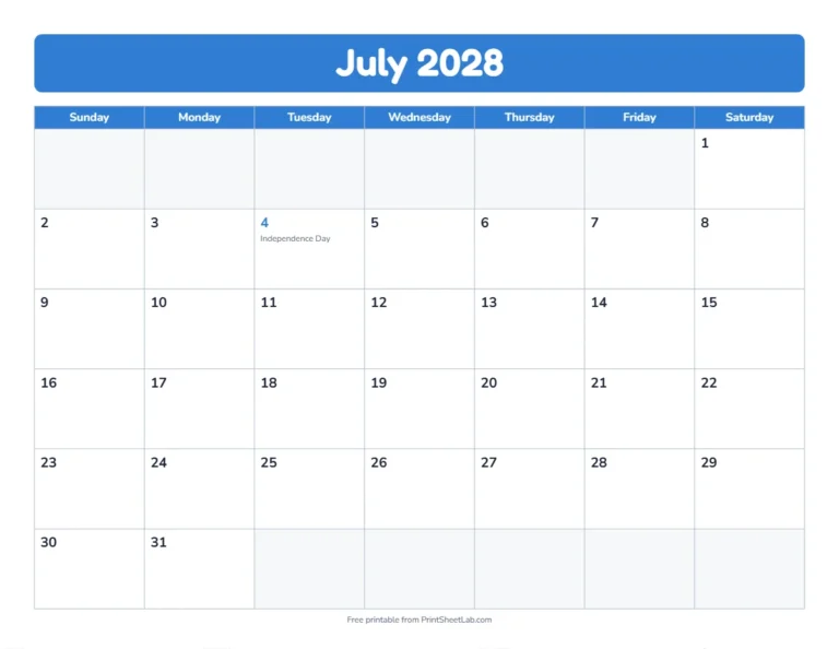 July 2028 calendar in the bold band design with big day boxes