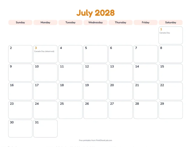July 2028 calendar for Canada with Canada Day and the observed Monday