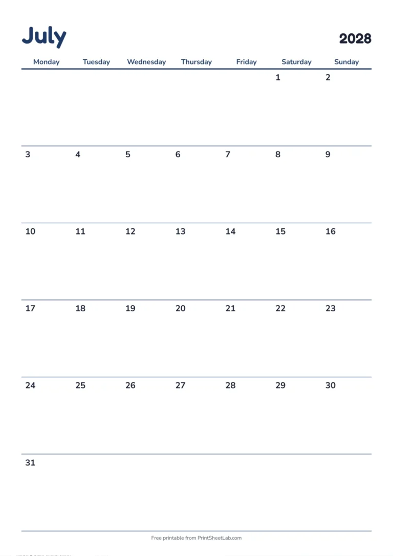 July 2028 calendar with holidays: Monday start on A4 with UK bank holidays