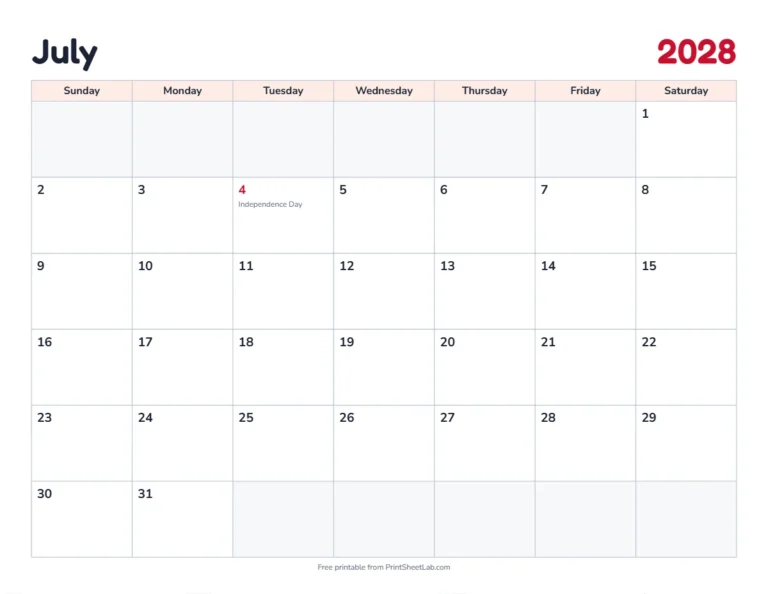 July 2028 calendar printable with US holidays in the classic design