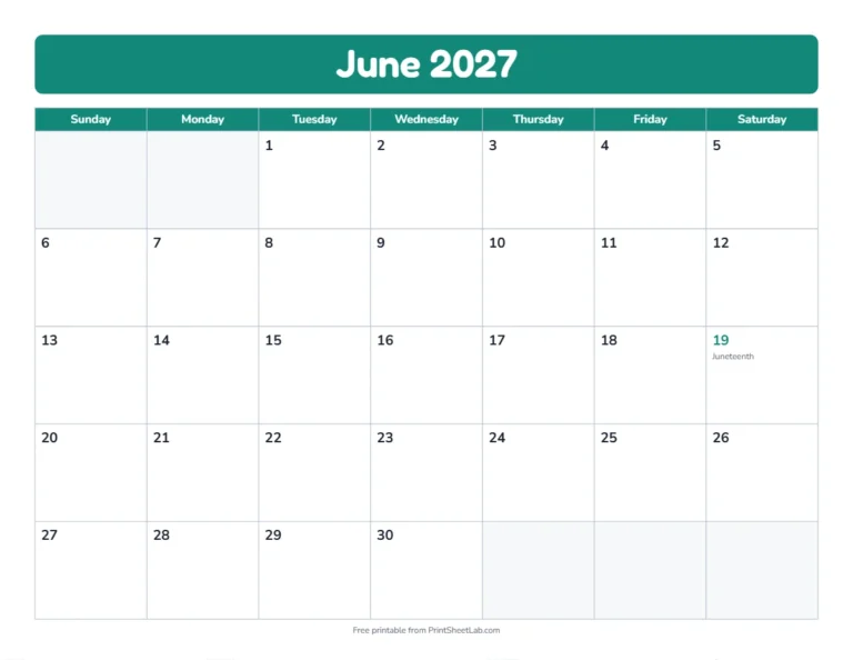 June 2027 calendar in the bold band design with big day boxes