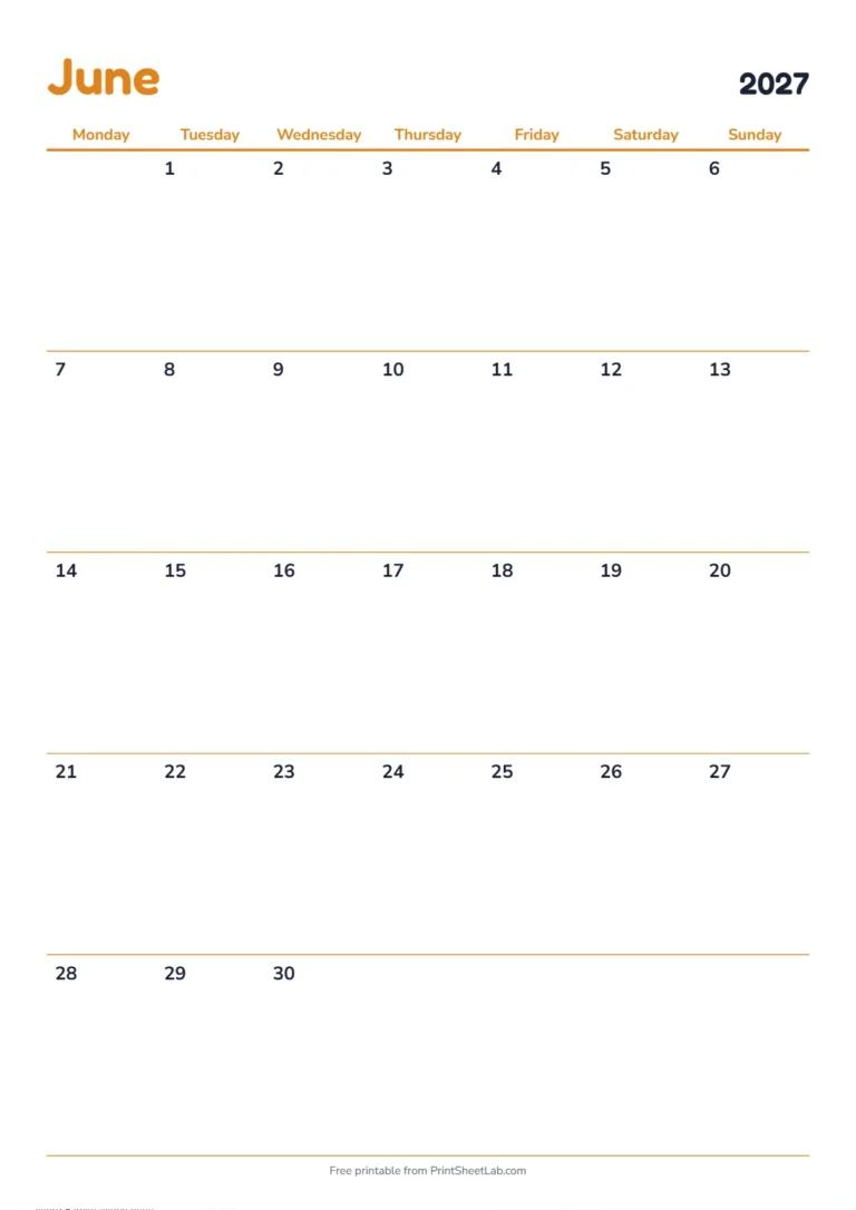 June 2027 calendar with holidays: Monday start on A4 with UK bank holidays