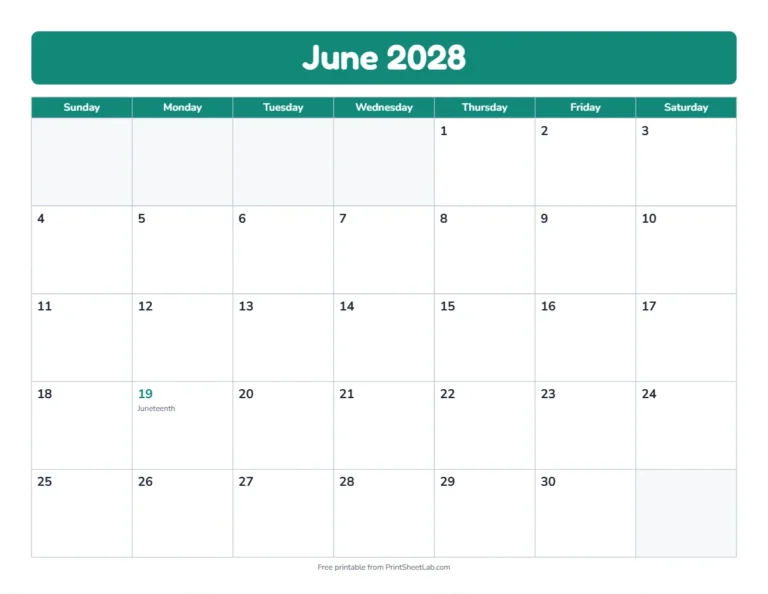 June 2028 calendar in the bold band design with big day boxes