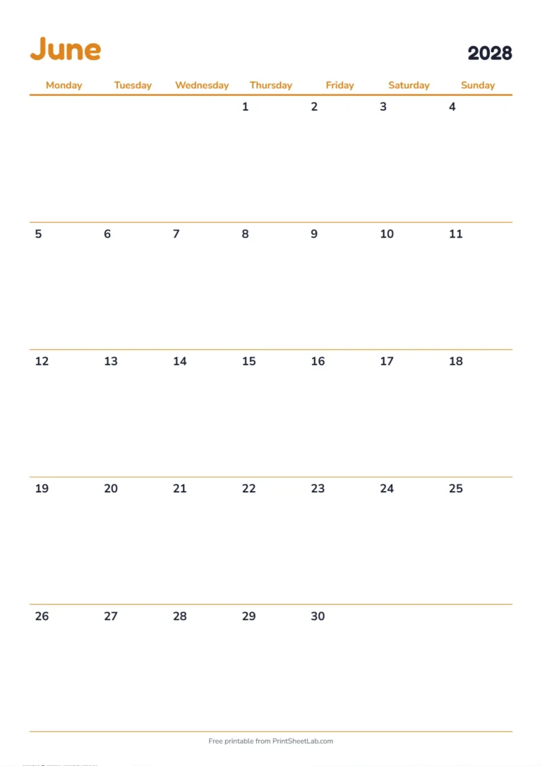 June 2028 calendar with holidays: Monday start on A4 with UK bank holidays