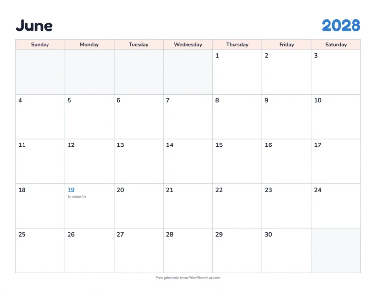 June 2028 calendar printable with US holidays in the classic design