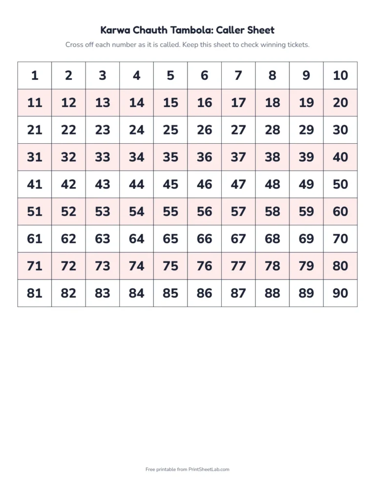 Karwa Chauth tambola caller sheet: a 1 to 90 number grid to cross off as you call