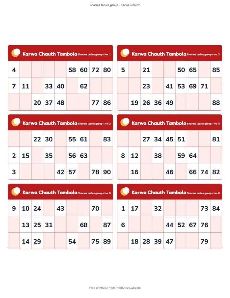 Karwa chauth tambola: printable tickets titled Karwa Chauth Tambola